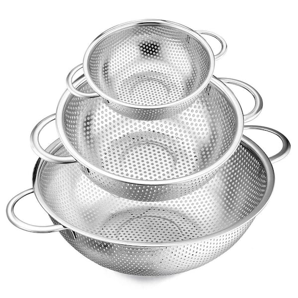 Food Grade Stainless Steel Perforated Colander Set with Welded D-Handles, Set of 3 (1-3-5 Quart) for Kitchen, Heavy Duty