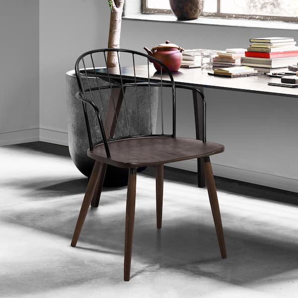 Armen Living Bradley Steel Framed Side Chair in Black Powder Coated Finish and Walnut Glazed Wood