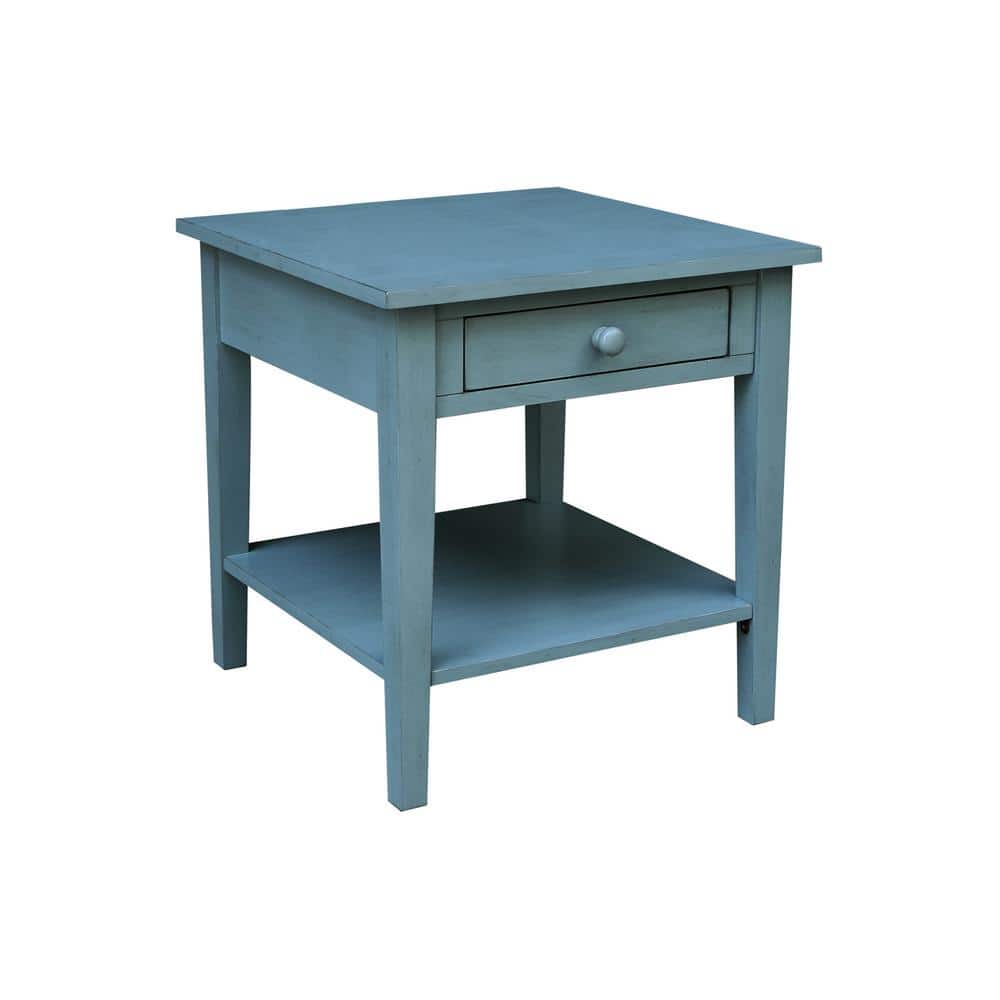 Antique Rubbed Ocean Blue Solid Wood End Table with Storage