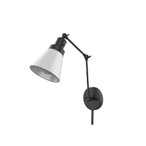 1-Light Black Plug-In/Hardwired Swing Arm Wall Lamp with 6 ft. Fabric Cord and White Glass Shade
