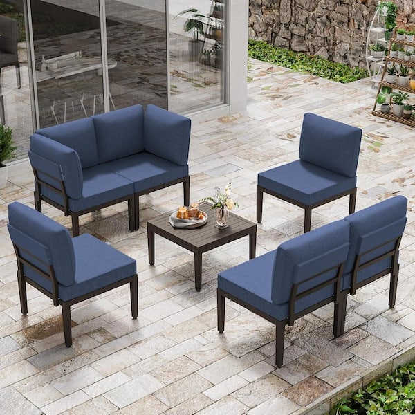 Halmuz 7-Piece Black Metal Patio Conversation Set with Navy Cushions, Coffee Table