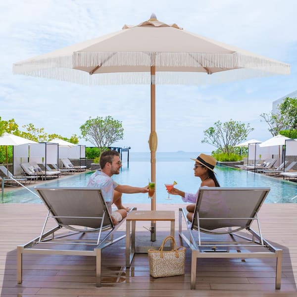 7.38 ft. Outdoor Patio Wood Beach Umbrella With Tassel in khaki