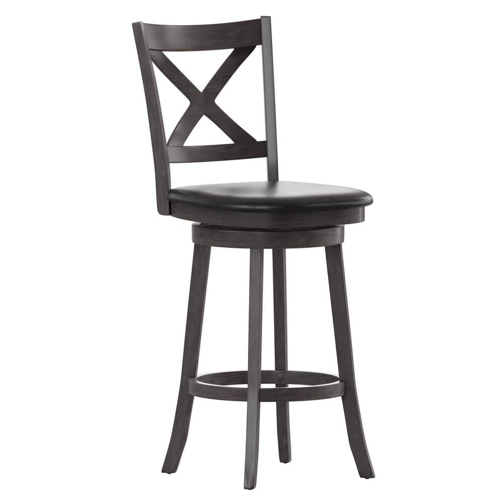 Gray Wash Walnut Crossback Swivel Bar Stool with Faux Leather Seat