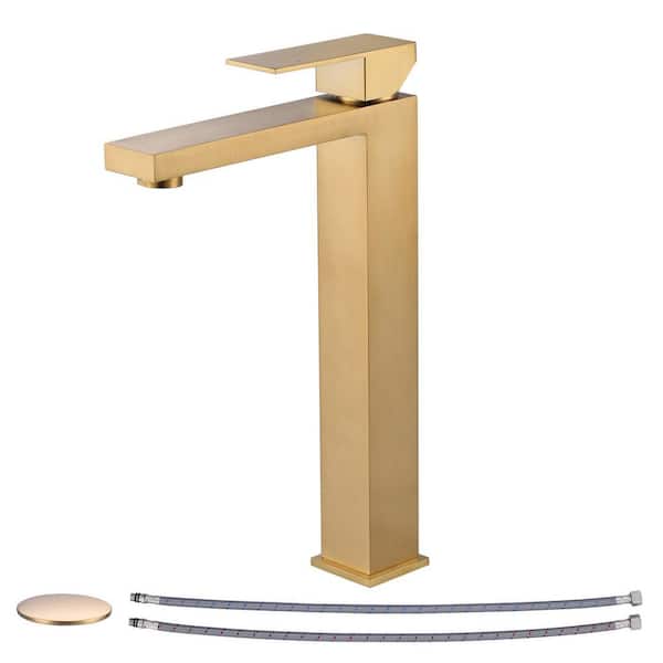 Single Handle Single Hole High Arc Bathroom Faucet with Pop-Up Drain in Brushed Gold