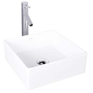 Matte Stone Dianthus Composite Square Vessel Bathroom Sink in White with Dior Faucet and Pop-Up Drain in Chrome