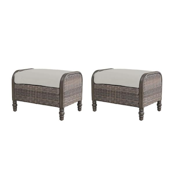 Hampton Bay Windsor Brown Wicker Outdoor Patio Ottoman with CushionGuard Biscuit Tan Cushions (2-Pack)