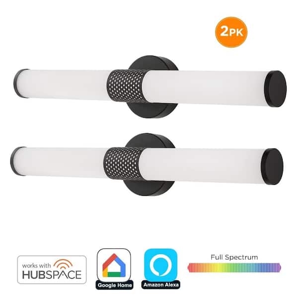 24 in. PENROSE Matte Black Perforated LED Vanity Bar Light with Hubspace and Night Light, Full Color Spectrum, 2-Pack