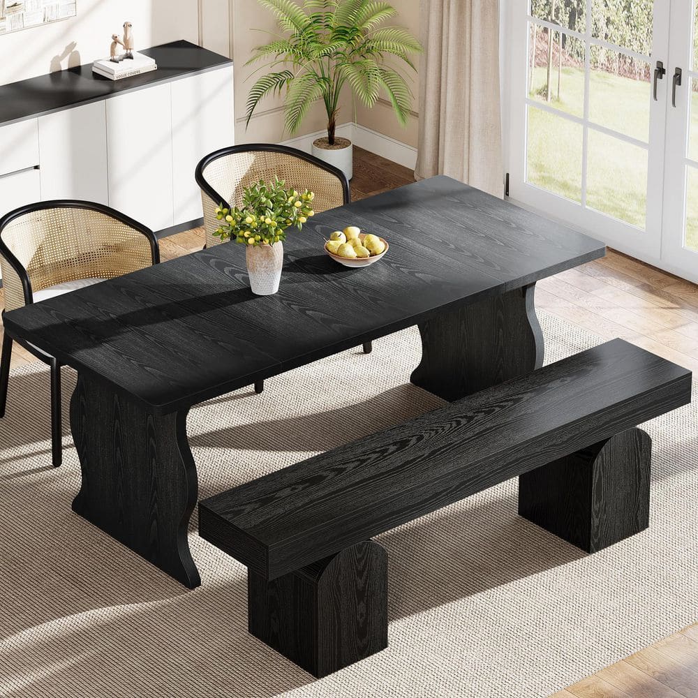 17.72 in. H Black Wood 59in. Dining Bench Dining Table Bench Kitchen Seating w/ Arched Base for 3 People for Living Room