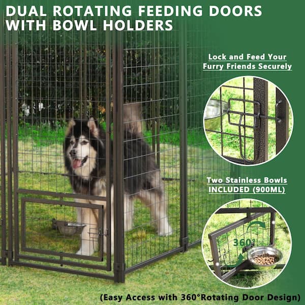 10 ft. x 10 ft. Outdoor Dog Kennel Fence with Rotating Feeding Door and Polyester Roof