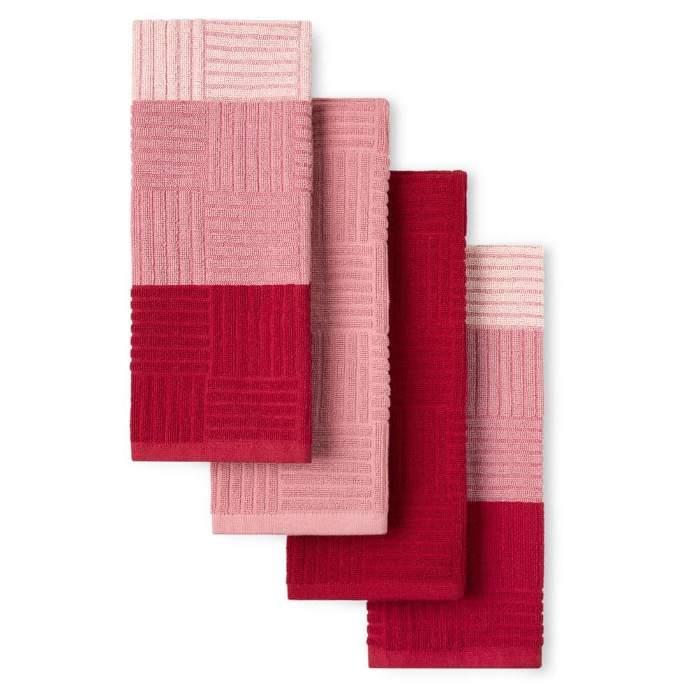 Red and Pink Cotton Terry Kitchen Towel Set, 16" x 28" (Set of 4)