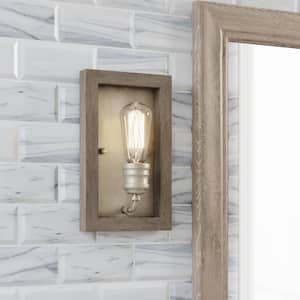 Palermo Grove 7 in. 1-Light Antique Nickel Farmhouse Sconce with Painted Weathered Gray Wood Accents
