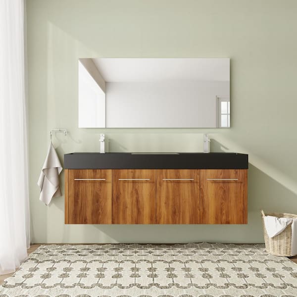 60 in. Wall-Mounted Double Brown Ebony Bath Vanity with Black Resin Top Unassembled