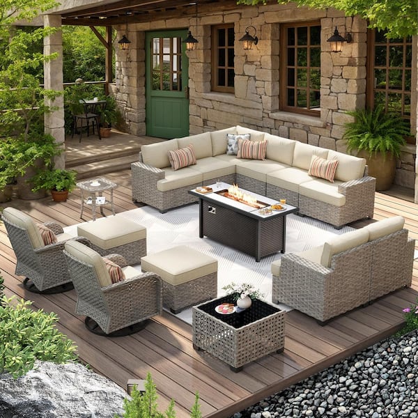 XIZZI Jubilation 15 Pieces Wicker Outdoor Patio Rectangular Fire Pit Set and Swivel Rocking Chairs with Beige Cushions