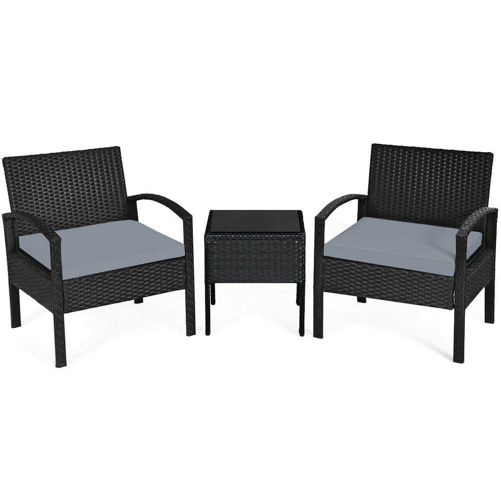 3-Piece Wicker Outdoor Rattan Patio Conversation Set with Gray Cushions -  ANGELES HOME, CK63-HW218GR