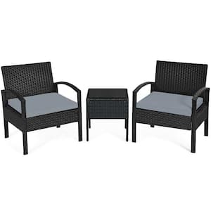 3-Piece Wicker Outdoor Rattan Patio Conversation Set with Gray Cushions