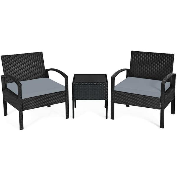 ANGELES HOME 3-Piece Wicker Outdoor Rattan Patio Conversation Set with Gray Cushions