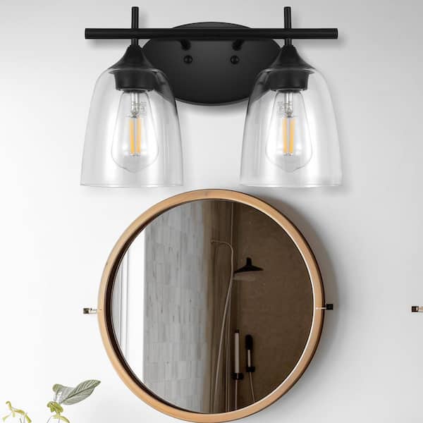 Briignite 13 in. 2-Light Matte Black Vanity Light with Cylinder Clear Glass Shades for Interior Powder Room Bathroom
