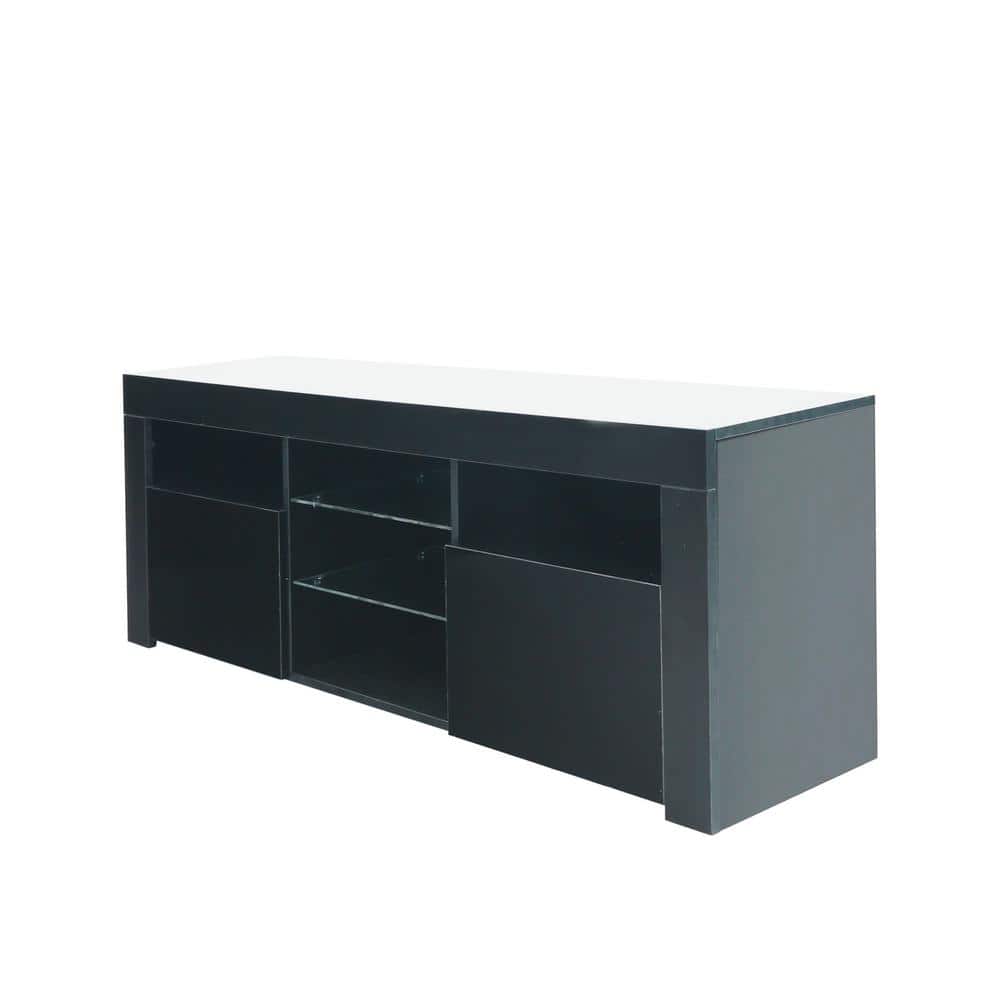 57.48 in. Black Particle Board TV Stand with 2-Storage Cabinets and 16-Color LEDs, Fits TV's up to 65 in