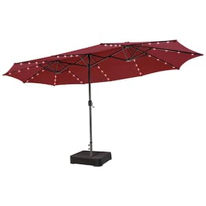 15 ft. Steel Hand Crank Patio Market Umbrella in Dark Red With Base and Sandbags