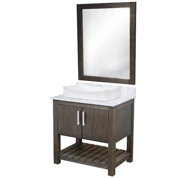Novatto Ocean Breeze 31 in. W. x 22 in. D x 31 in. H 1-White Porcelain Sink CH Bath Vanity in Cafe with Carrara Marble +Mirror