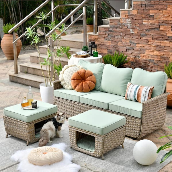 XIZZI Aphrodite 3-Piece Wicker Outdoor Patio Conversation Seating Sofa Set with Light Green Cushion