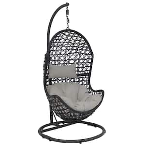 Cordelia Wicker Outdoor Hanging Egg Patio Lounge Chair with Stand and Gray Cushions