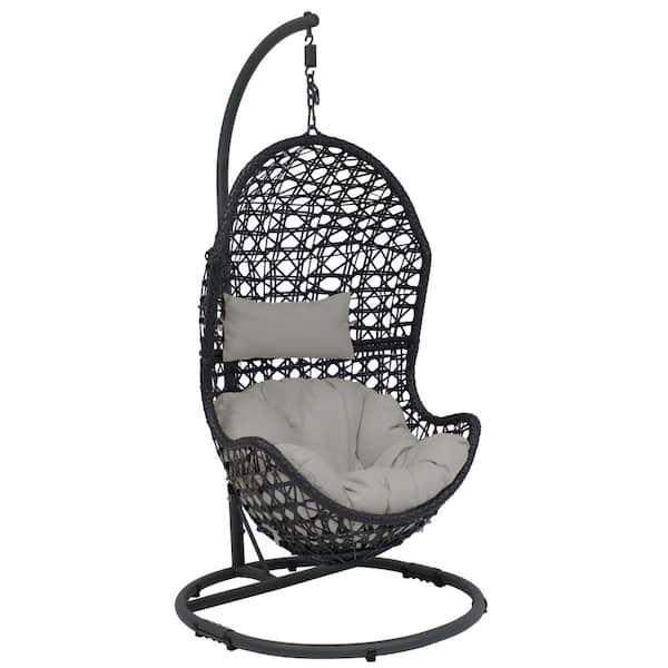 Sunnydaze Cordelia Wicker Outdoor Hanging Egg Patio Lounge Chair with Stand and Gray Cushions
