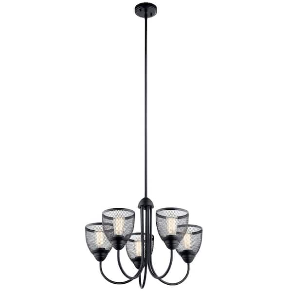 KICHLER Voclain 24 in. 5-Light Black Vintage Industrial Shaded Circle Convertible Chandelier for Dining Room