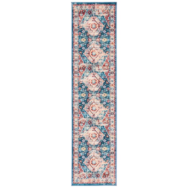 Riviera Blue/Gold 2 ft. x 9 ft. Machine Washable Medallion Border Runner Rug