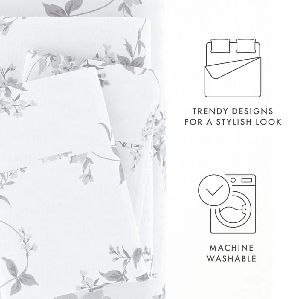 Gray Floral Cotton Flannel Queen Deep Pocket Sheet Set