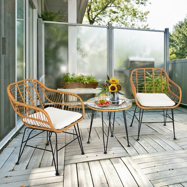 Liviza 3-Piece Rattan Outdoor Patio Conversation Set with White Cushions, Comfy Armchairs and Glass-Top Table