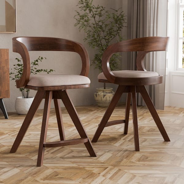 Shira Rich Walnut Wood Fabric Seat Barrel Robust Back Counter Height Stool (Set of 2)
