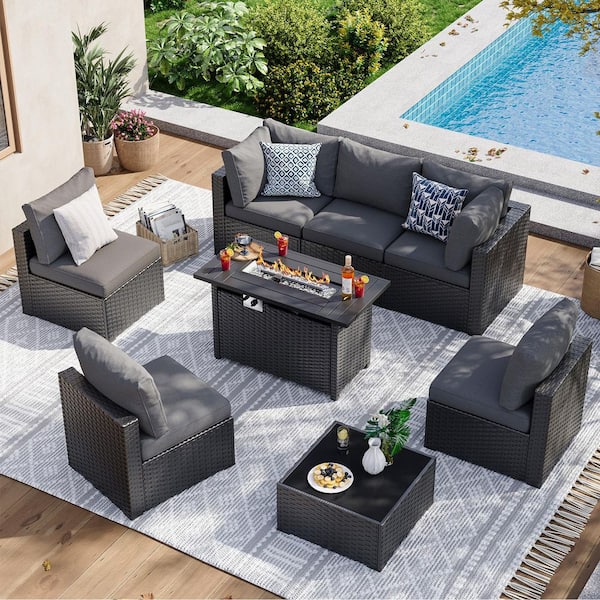 8-Piece Wicker Patio Conversation Black Fire Pit Table Set with Coffee Table and Gray Cushions
