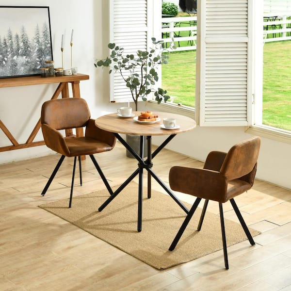 CATY 3-Piece Modern Industrial Dining Set - Oak Round Table with Black Legs & 2 Chocolate Fabric Swivel Dining Armchairs