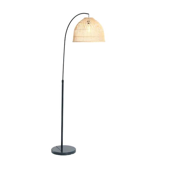 Storied Home 78 in. Natural and Black Arched Marble Base Floor Lamp for Any Room with Rattan Shade