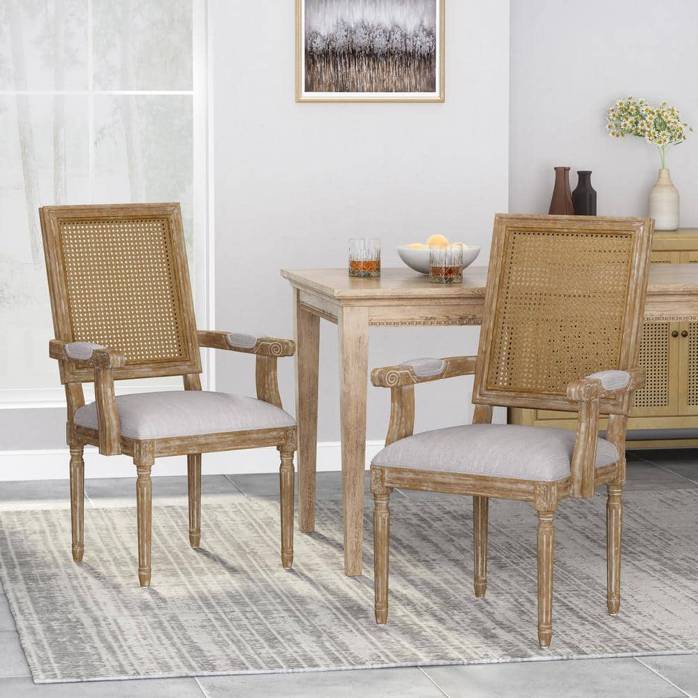 Light Gray Upholstered Rubberwood and Cane Dining Arm Chair Set
