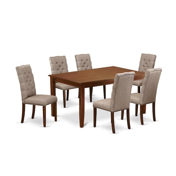 East West Furniture 7-Piece Mahogany Finish Solid Wood Top Dining Table with 6 Chairs with Lattice Back