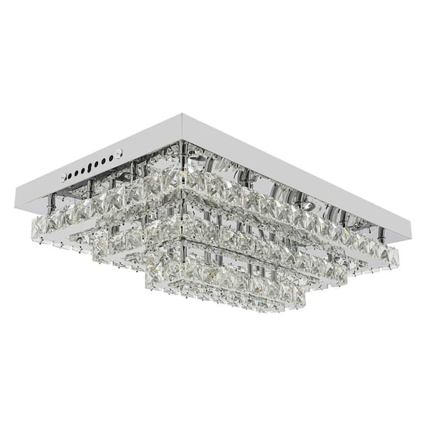 OUKANING 20.86 in. 1-Light Silver Modern Crystal Selectable LED Semi-Flush Mount Ceiling Light for Bedroom Living Room