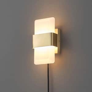 1-Light Matte Brass 19-Watt LED Integrated Plug-In or Hardwire Wall Sconce with Frosted Acrylic Shade, 3000 Kelvin