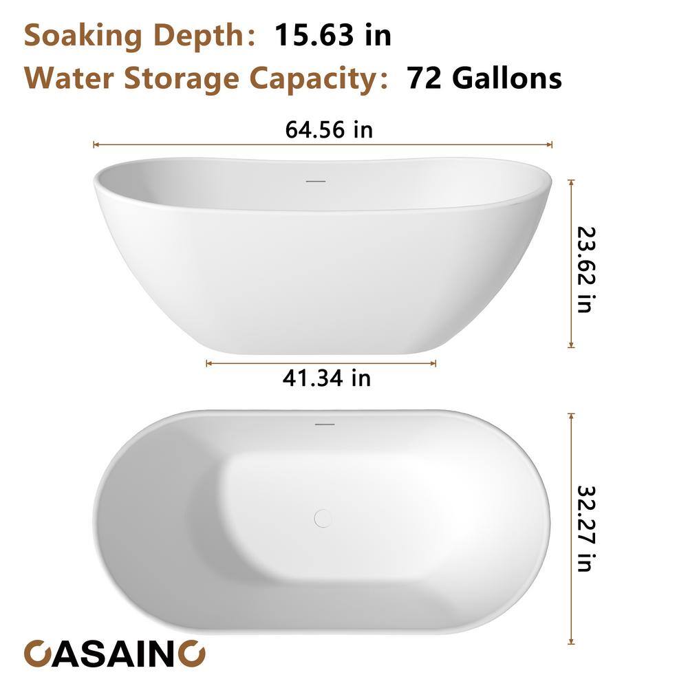 65'' White Solid Surface Freestanding Soaking Bathtub