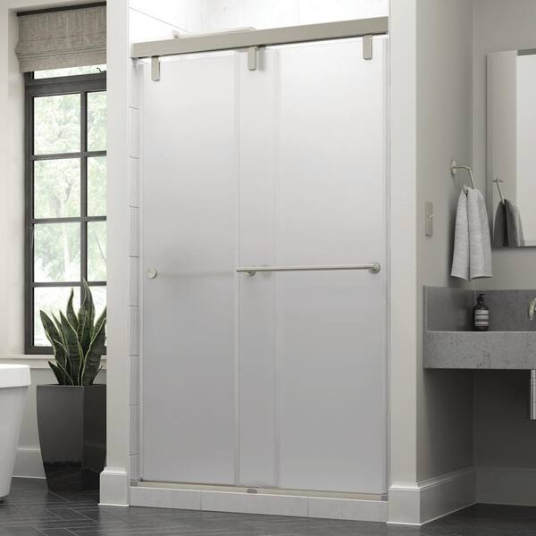 Delta Mod 48 in. x 71-1/2 in. Frameless Soft-Close Sliding Shower Door in Nickel with 3/8 in. Tempered Frosted Glass