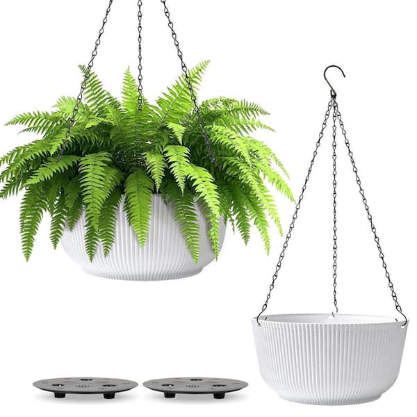Primehome 12 in. White Plastic Hanging Planters, Round Indoor/Outdoor  Flower Pots with Drainage and Chains (2-Pack) HD-VANK-HB-5 - The Home Depot