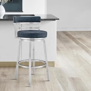Madrid Contemporary 26 in. Counter Height Barstool in Brushed Stainless Steel Finish and Blue Faux Leather