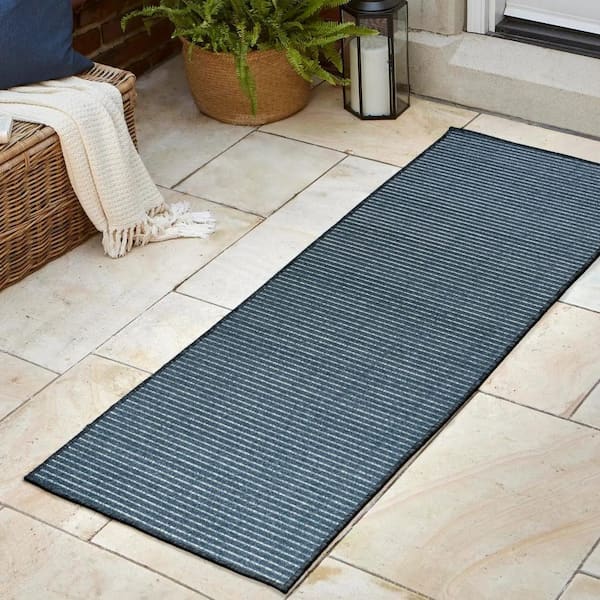 JONATHAN Y Aarhus High-Low Minimalist Scandi Striped Navy/ivory 2 ft. x 8 ft. Indoor/Outdoor Runner Rug