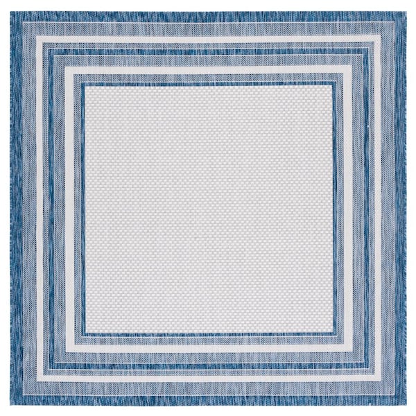 SAFAVIEH Courtyard Ivory/Navy 4 ft. x 4 ft. Solid Color Striped Indoor/Outdoor Square Area Rug