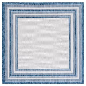 Courtyard Ivory/Navy 7 ft. x 7 ft. Square Solid Color Striped Indoor/Outdoor Area Rug