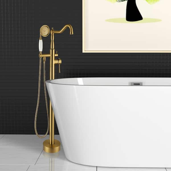 Single-Handle Classical Freestanding Tub Faucet with Hand Shower in Brushed Brass
