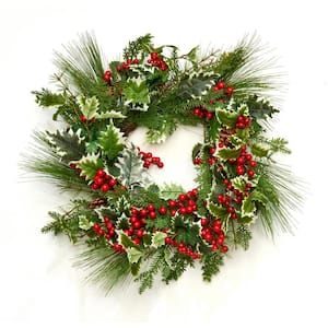 22 in. Variegated Artificial Christmas Wreath with Holly Pine Berry
