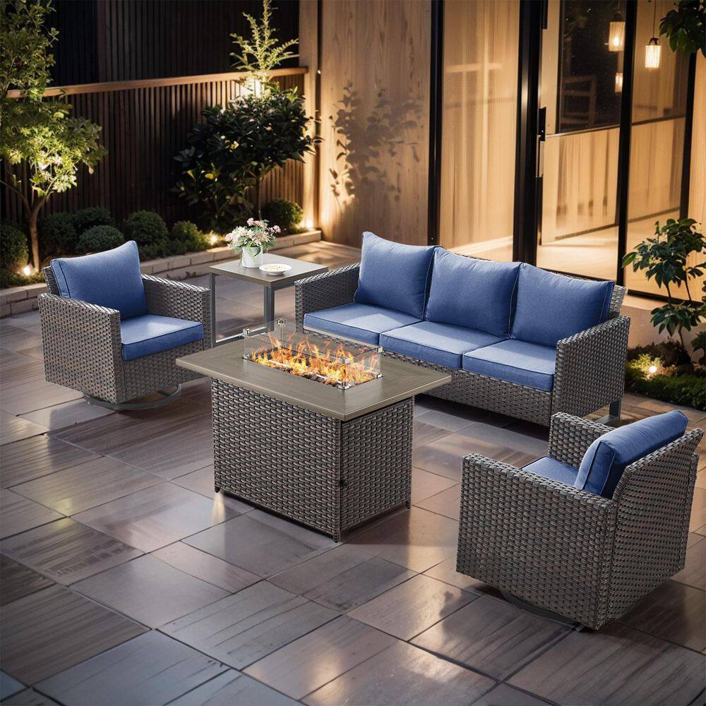 UvaNest Brown 5-Piece Wicker Patio Fire Pit Conversation Sofa Set with Blue Cushions, Outdoor Sofa and Swivel Glider price history on PriceWatchPro