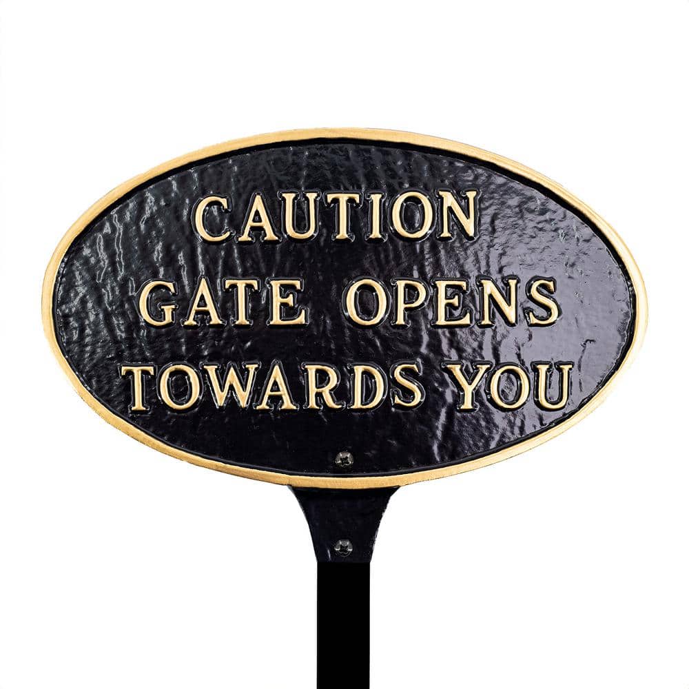 8.5 in. x 13 in. Standard Oval Caution Gate Opens Towards You Statement Plaque Sign with Lawn Stake - Black/Gold price history on PriceWatchPro